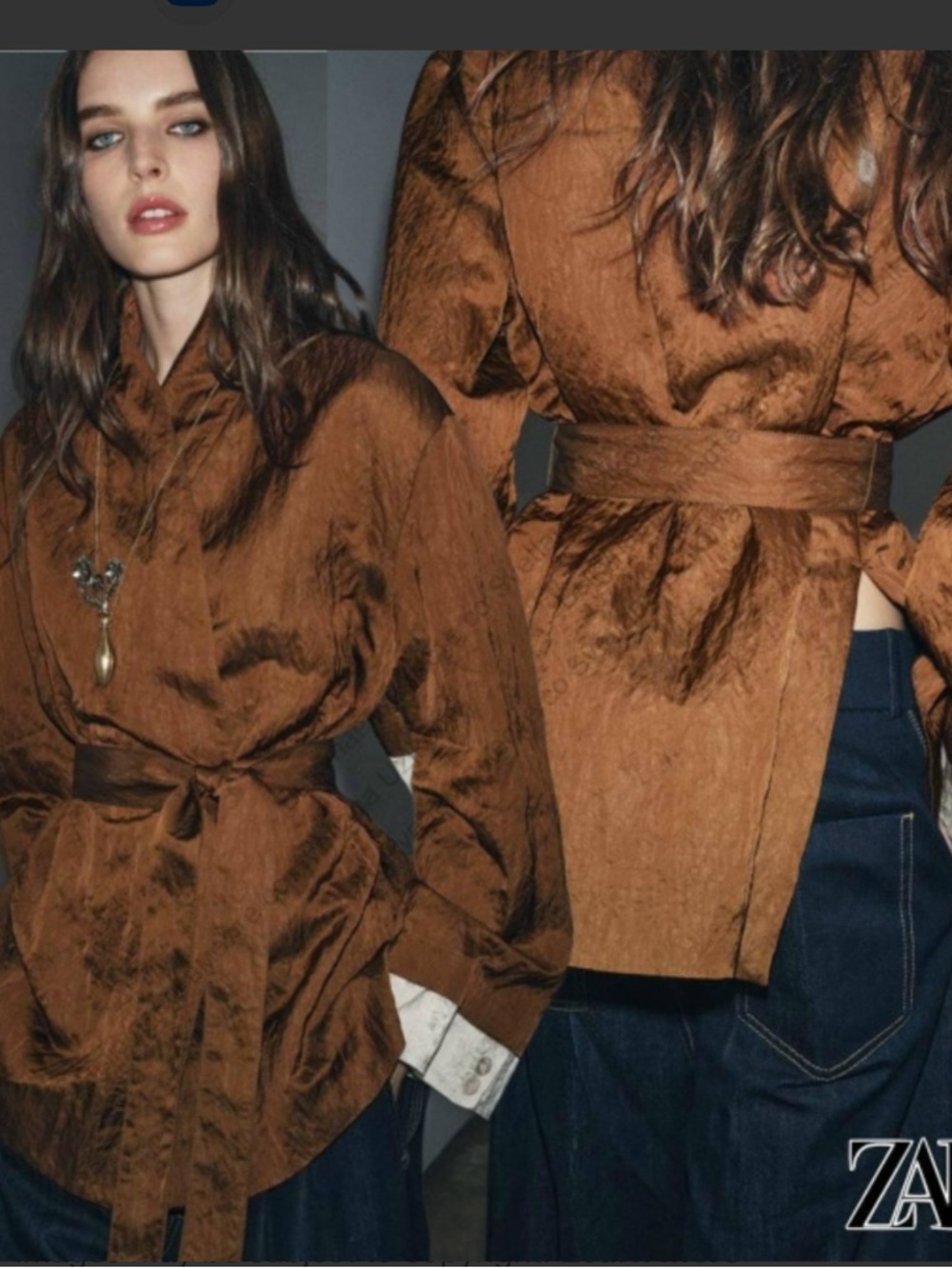 ZARA Copper Brown Textured Belted Shirt